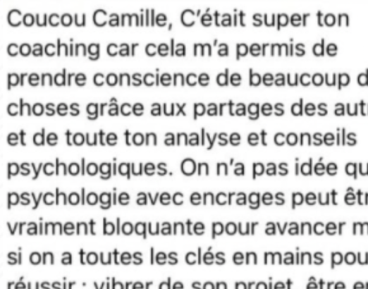 Message reçu après un coaching : c'était super, cela m'a permis de prendre conscience de beaucoup de choses